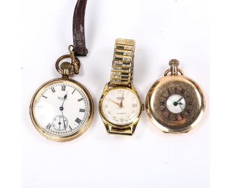 3 various pocket watches and wristwatch, including Waltham and Mentor Calendar, pocket watches working, wristwatch not workin