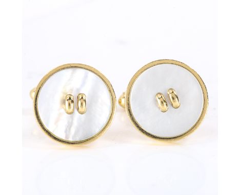 LINKS OF LONDON - a modern pair of 18ct gold mother-of-pearl button design cufflinks, hallmarks London 2003, panel diameter 1