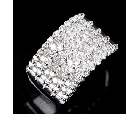 A large and heavy modern 14ct white gold diamond cluster band ring, set with graduated rows of modern round brilliant-cut dia