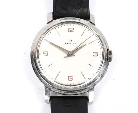 ZENITH - a Vintage stainless steel mechanical wristwatch, silvered dial with quarterly Arabic hour markers and sweep centre s