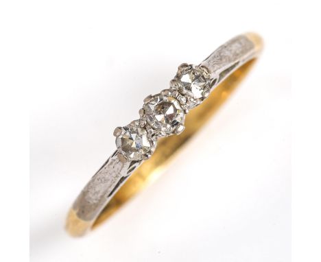 An 18ct gold 3-stone diamond ring set with single-cut diamonds, total diamond content approx 0.15ct, size Q, 2.8gNo damage or