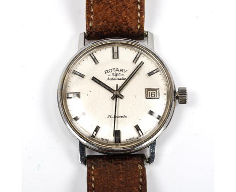 ROTARY - a Vintage stainless steel automatic wristwatch, silvered dial with baton hour markers, sweep centre seconds hand and