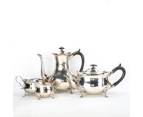 An Edwardian silver 4-piece tea set, comprising teapot, hot water jug, 2-handled sugar bowl and cream jug, oval bulbous form 