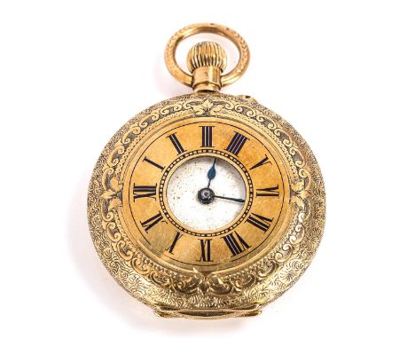 An early 20th century Swiss 18ct gold half hunter keyless-wind fob watch, white enamel dial with Roman numeral hour markers, 