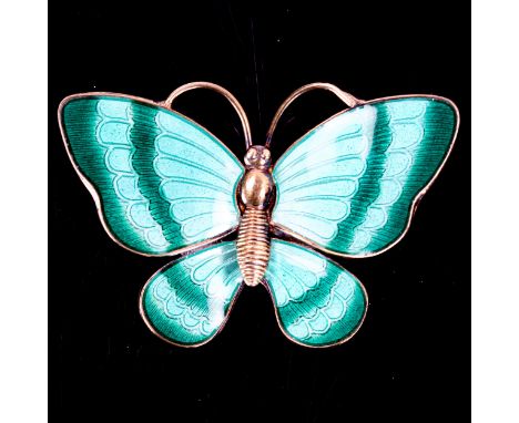 VOLMER BAHNER - a Vintage Danish vermeil sterling silver and green enamel figural butterfly brooch, wingspan 42.3mm, 9.1gNo d