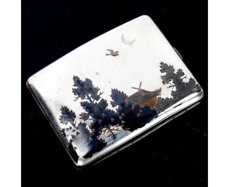 A Japanese silver Damascene curved cigarette case, with outside and inside decoration with signature, 11cm x 8cm, 3.8ozNo dam