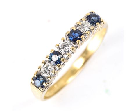 A late 20th century 18ct gold 7-stone sapphire and diamond half hoop ring, set with round-cut sapphires and diamonds, total d