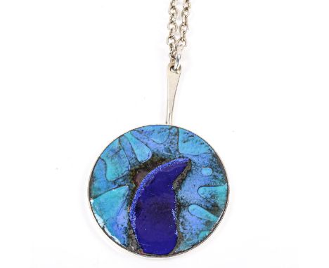 BORGE NIELSEN - a Vintage Danish unmarked silver and blue ceramic pendant necklace, on unmarked white metal cable link chain,