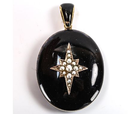 A Victorian pearl and black enamel mourning pendant locket, unmarked yellow metal settings, pendant height excluding bale 44.