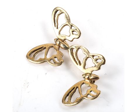 A 9ct gold figural double butterfly brooch, openwork settings, brooch length 43.6mm, 4.5gNo damage or repairs, wear to high p