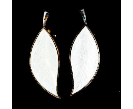 BRDR BJORKLUND - a pair of Vintage Danish vermeil sterling silver and white enamel leaf clip-on earrings, length 31.5mm, 4.4g