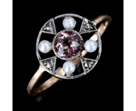 An Antique morganite pearl and diamond target ring, setting height 12.4mm, size M/N, 2.6gRing has been re-purposed from a bro