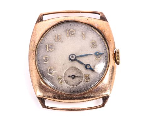 An Art Deco 9ct rose gold cushion-cased mechanical wristwatch head, silvered dial with applied gilt Arabic numerals, blued st