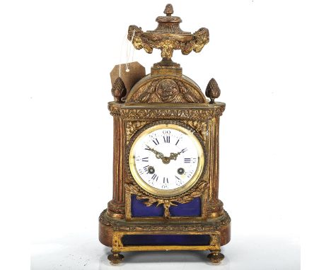 A 19th century French Louis XVI style gilt-brass 8-day mantel clock, by Japy Freres, white enamel dial with blue painted Roma