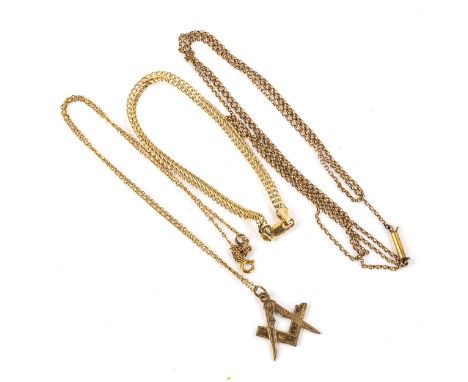 Various jewellery comprising 9ct gold bracelet and Masonic pendant necklace, 6.2g, and an unmarked yellow metal chain necklac