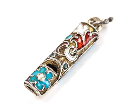 A miniature Russian silver and champleve enamel whistle fob, indistinct marks on bale, length 2.5cmNo damage or repairs, no m