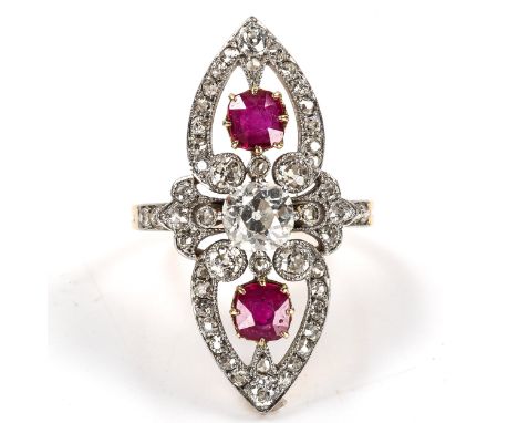 A fine ruby and diamond ring, openwork double-heart design with old cushion-cut ruby centres, surrounded by old and rose-cut 