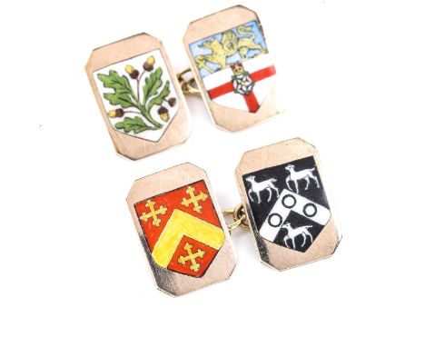 A pair of early 20th century 9ct gold enamel cufflinks, with various shield crest designs, by Cropp & Farr, panel length 15.9
