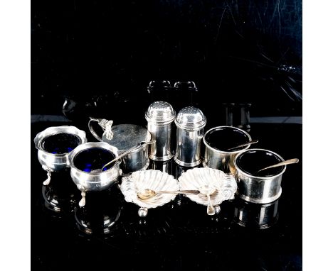 Various silver cruets, including drum mustard pot, pair of pepperettes, shell salts etc, 9oz weighableLot sold as seen unless