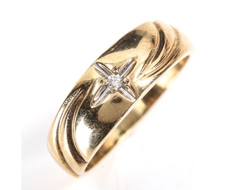 A modern 9ct gold solitaire diamond gypsy ring, set with 0.05ct modern round brilliant-cut diamond, setting height 6.7mm, siz