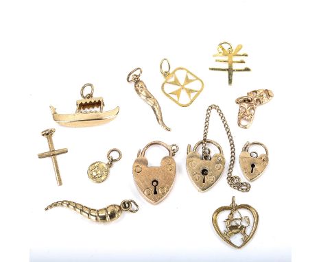 Various 9ct gold charms and pendants, including miniature St Christopher, heart padlocks etc, 9.8g totalLot sold as seen unle