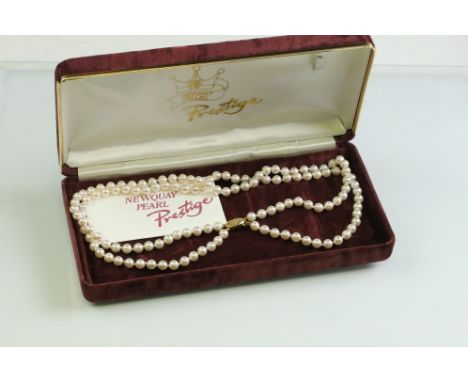 Newquay Prestige two strand cultured pearl 9ct gold necklace, the cream cultured pearls with pink overtones, diameter approx 