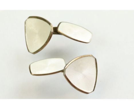 Pair of Albert Scharning Norwegian enamelled silver gilt cufflinks, white guilloche enamel, triangular and rectangular panels