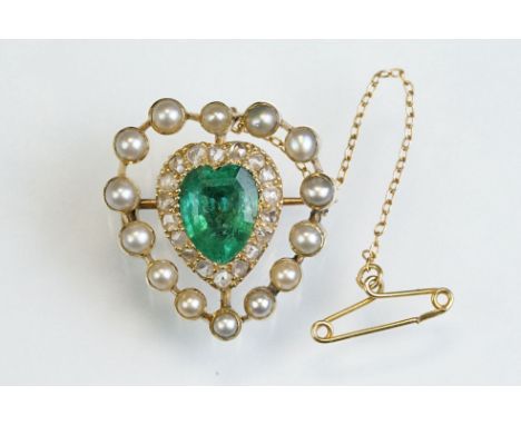 19th century emerald, diamond and pearl unmarked yellow gold heart shaped brooch, the heart-shaped mixed step cut emerald mea