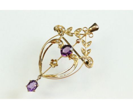 Early 20th century amethyst and pearl 9ct yellow gold pendant brooch, two oval mixed cut amethyst, claw set, seed pearl set l