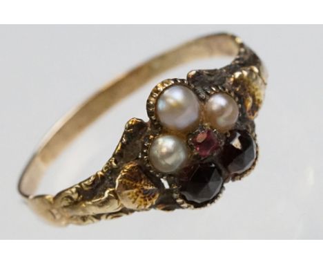 19th century pearl, garnet and paste flower head ring, three pearls, two faceted garnets and pink paste stone to centre, dime