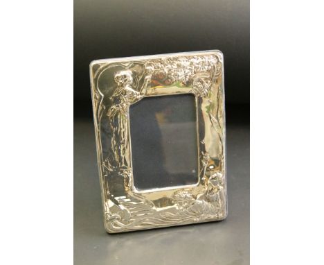 Silver easel back photograph frame depicting maidens picking apples, makers John Bull Ltd, Birmingham 1992, height approx 24.