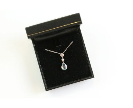 Aquamarine and diamond 18ct white gold pendant necklace, the pearl shaped aquamarine measuring approx 8.5mm x 6mm, suspended 