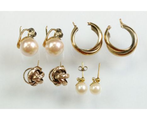 Pair of 9ct rose gold knot earrings, post and butterfly ear fittings; a pair of yellow metal hoop earrings (af) and two pairs