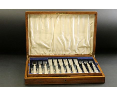 Cased set of silver fish knives and forks for twelve place settings, thread pattern, makers Harrison Brothers &amp; Howson, S