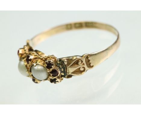 Victorian pearl and garnet 9ct yellow gold ring, two cultured split pearls, eight small rose cut garnet accents, engraved scr