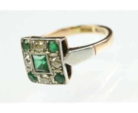 Art Deco emerald and diamond 18ct yellow gold and platinum set ring, the square head set with square step cut emerald to the 