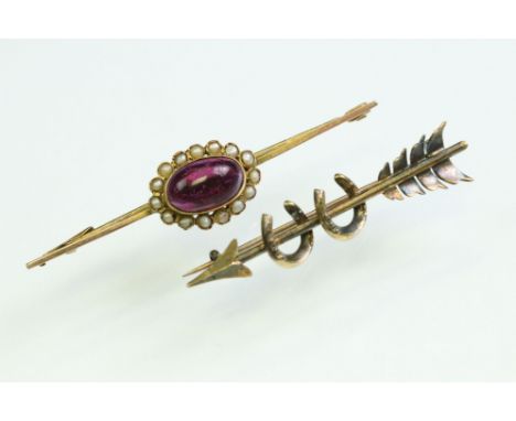 Edwardian garnet and seed pearl cluster 9ct yellow gold bar brooch, hallmarked Chester 1908; together with a Victorian double