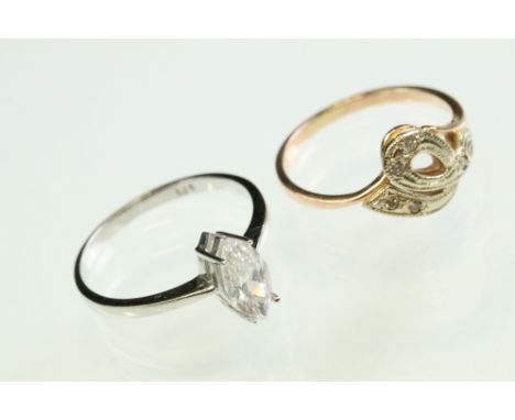 Diamond 14ct yellow and white gold set ring, six small eight cut diamonds, flush set, ring size O; together with a cubic zirc