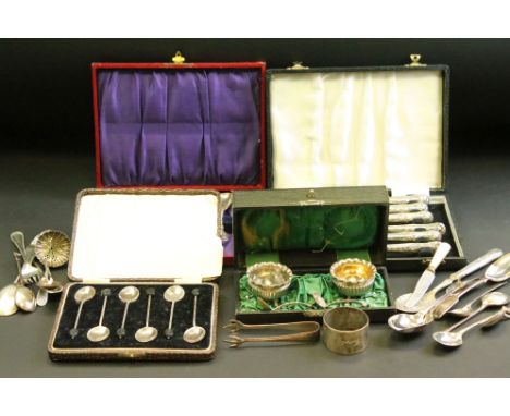 Flatware to include six silver handled Kings pattern butter knifes;a cased set of six silver coffee bean finial coffee spoons