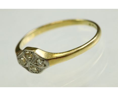 Diamond 18ct yellow gold and platinum ring, four small round eight cut diamonds, size of head approx 5.5mm x 8mm, ring size M