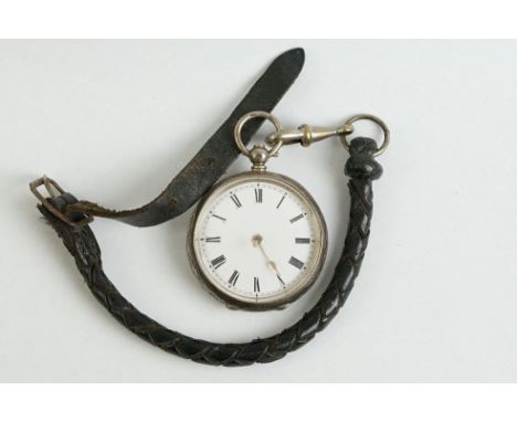 Silver fob watch, engraved floral and foliate scroll case, vacant cartouche, white enamel dial, black Roman numerals, diamete
