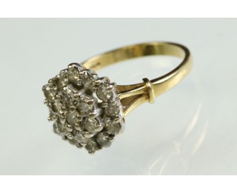 Diamond cluster 18ct yellow and white gold set three tier cluster ring, small round brilliant cut diamonds, shared claw set, 