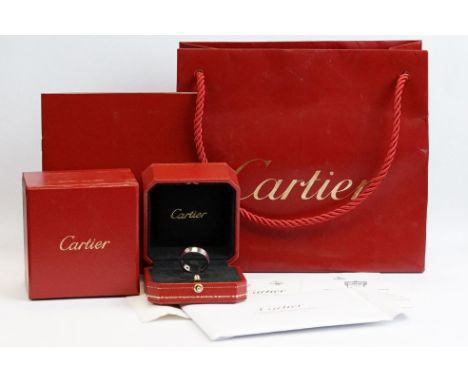 Cartier diamond 18ct white gold 'Love' ring, three round brilliant cut diamonds flush set between screw head detail, band wid