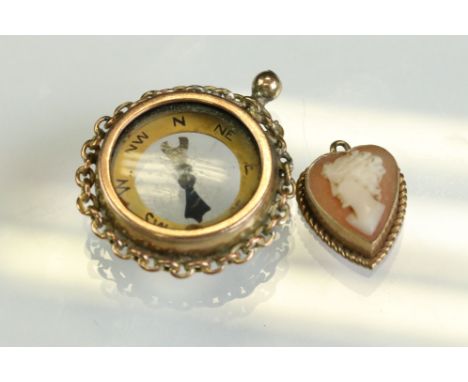 9ct gold compass fob, together with a shell cameo 9ct yellow gold pendant (2) 