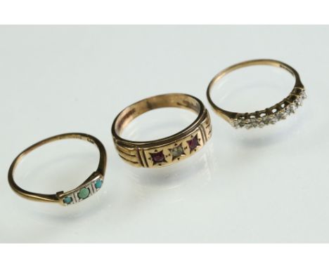 White and red stone set 9ct yellow gold ring, size N½; turquoise 9ct yellow gold and silver three stone ring, size Q and a di