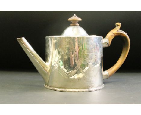 George III silver teapot, engraved urn, swag and garland decoration, wooden handle and finial, makers Walter Brind, London 17