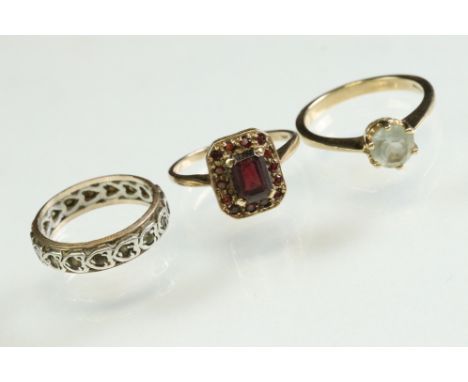 Garnet 9ct yellow gold cluster ring, size M, together with a prasiolite 9ct gold ring, size N, and a white stone yellow and w