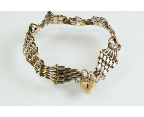 9ct yellow gold gate link bracelet, padlock clasp, safety chain, width approx 15mm 