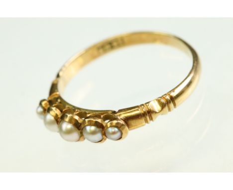 19th century pearl 18ct yellow gold ring, five graduated seed pearls, ring size L½ 