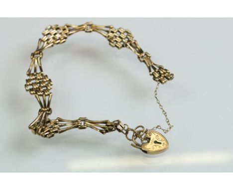9ct yellow gold gate link bracelet with padlock clasp, af 